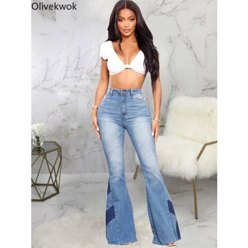 Olivekwok 2021 Woman Fashion Solid Flare Pants Sexy Patchwork Zipper Fly High Casual Woman Jeans