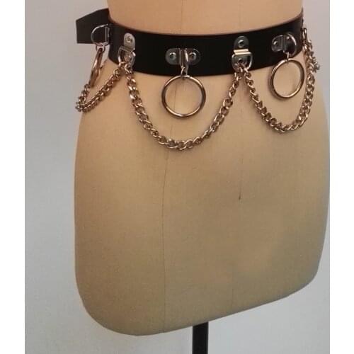 100% Handmade Cosplay Fashion Sexy Leather Waist Belt Harness Punk Gothic Circle Chain Metal Link Waist Belt Straps for Women
