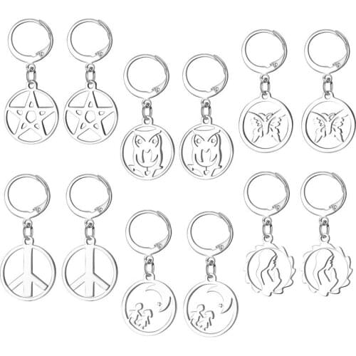 1Pair Simple Stainless Steel Star Pendant Hoop Earrings Women Chic Silver Color Hollow Butterfly Owl Endless Circle Earring E159