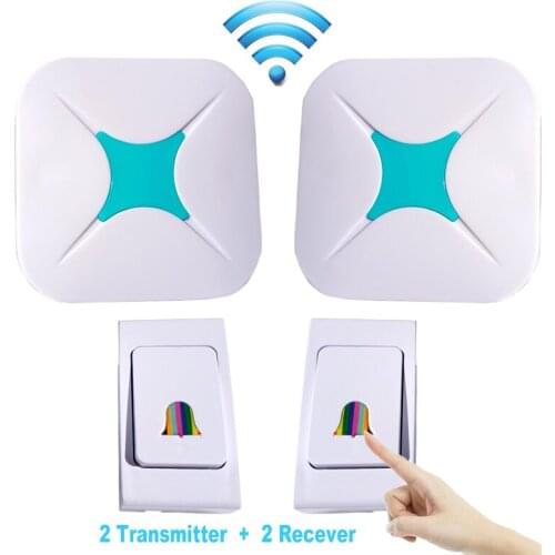 2 kits LED DoorBell Wireless call AC DC Powered loud 32 Tune Remote Control Home Hotel Security Smart 2transermitter+2Recever