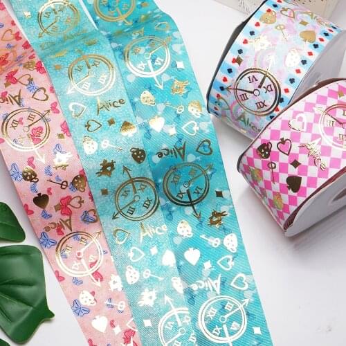 3"75mm Princess Ink Gold Foil Cherry Pattern Pink Series Solid Grosgrain Ribbon DIY Bowknots Hair Band Making 50yards/roll