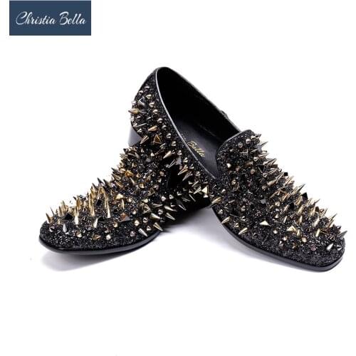 Christia Bella Fashion Gold Full Rivets Men Loafers British Style Square Toe Men Party Shoes Casual Male Flats Shoes Slip On