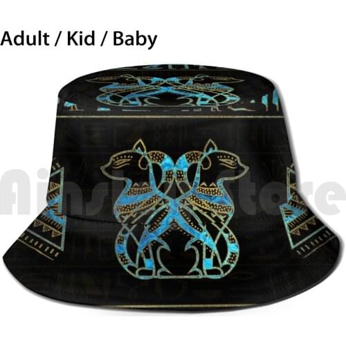 Egyptian Cats Gold And Blue Stained Glass Sun Hat Foldable UV Protection Egypt Egyptian Pharaon Ethnic Papirus Ancient