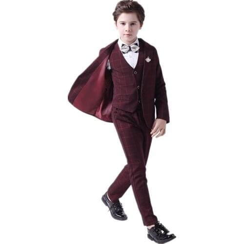 Childrens Simple Plaid Suit Sets Infant Flower Boy Wedding School Prom Birthday Dress Costume Kids Blazer Vest Pants Outfits