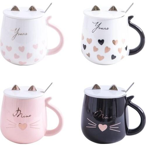 Cute cat mug cartoon ceramic cup creative womens cup coffee cup cover spoon breakfast milk cup