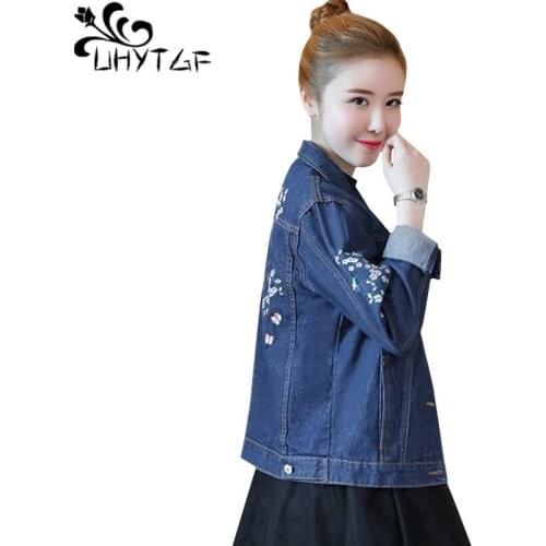 UHYTGF Plus size jackets women Spring Autumn Jeans Jacket short outerwear New Fashion embroidered casual Female denim jacket1508