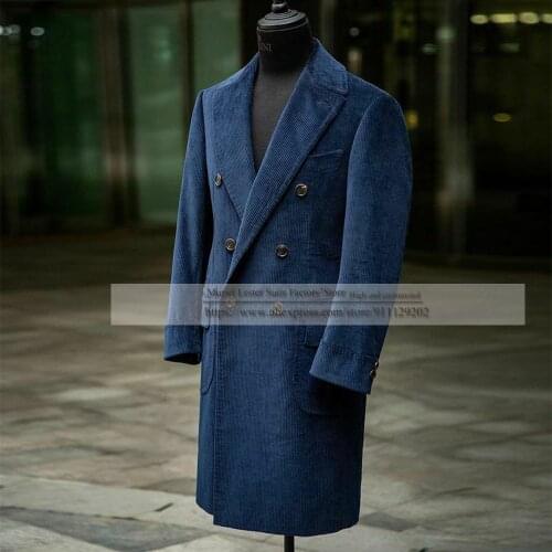 Groom Overcoat Trench Coat Men Custom Made Blue Full Length Corduroy Mens Blazer Notch Lapel Male Clothing Only Jacket 2021