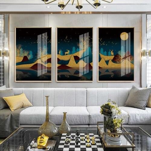 Wall Art Gold Road Abstract Canvas Painting Big Blue Poster Print Wall Art for Living Room Frameless