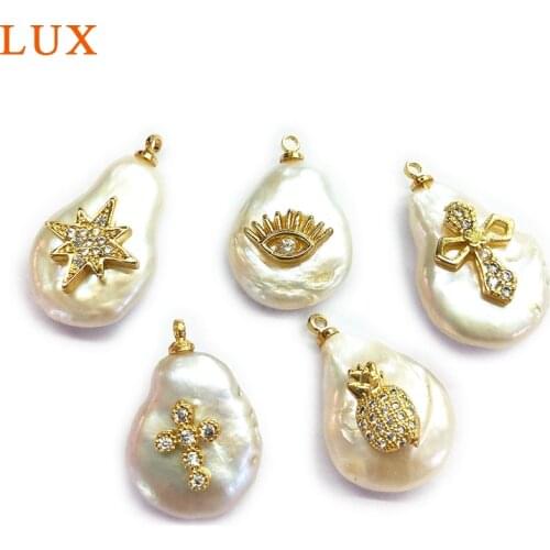 Natural Pearl cubic zirconia pendant White Coin Pearl micro CZ pave copper charm gold color plated DIY necklace jewelry findings