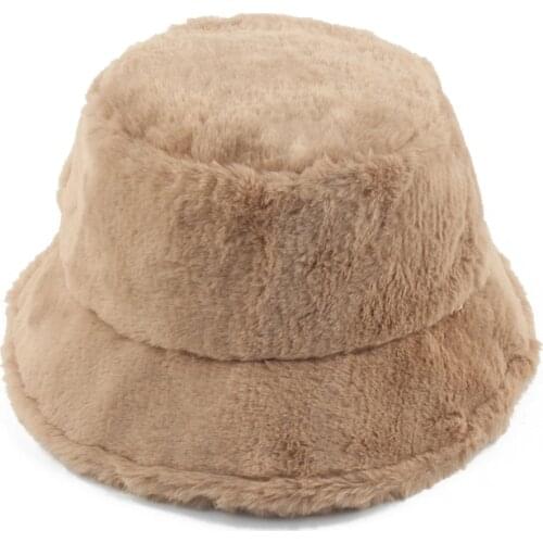 Winter Hats For Women Rabbit Faux Fur Bucket Hat Outdoor Vacation Lady Panama Black Solid Soft Warm Fisherman Fishing Cap