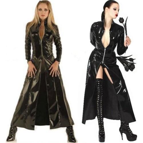 Sexy Plus Size Vinyl Clubwear Balck Pvc Faux Leather Long Sleeves Gothic Long Coat For Men Women PU Leather Coat Trench