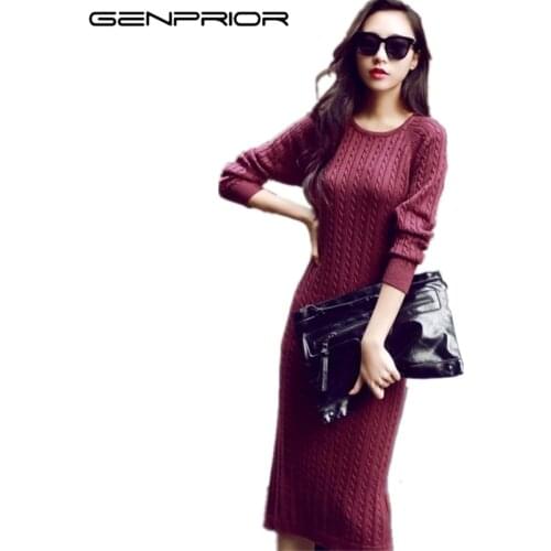 GENPRIOR New Women Autumn Winter Warm Pullover Knitted Dress Vestidos Large Size Long Sleeve Slim Sheath Women Sweater Dress