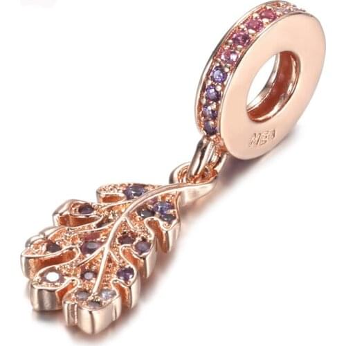 Authentic S925 Silver Pendant Charm for Women Bracelet Bangle DIY Jewelry Pave Rose Leaf Dangle Bead