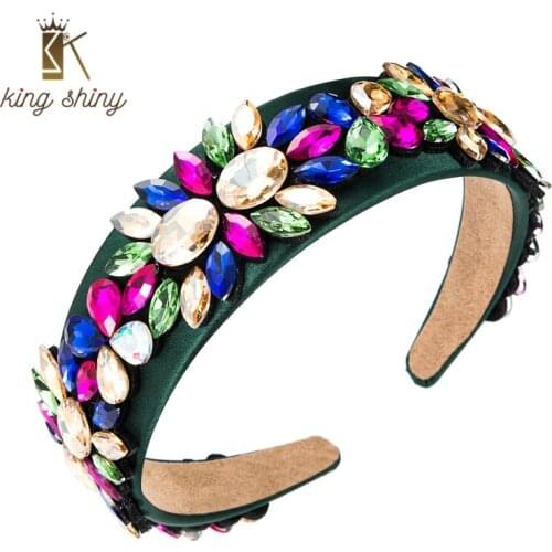 King Shiny Luxury Korean Baroque Crystal Headband Vintage Multi Color Gem Diamond Beaded Hairband Girl Party Jewelry Tiara Bezel