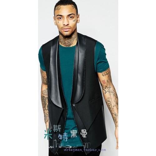S-4XL! 2016 Mens clothing fashion PU patchwork vest moben personalized shawl collar double layer vest plus size Singer costumes