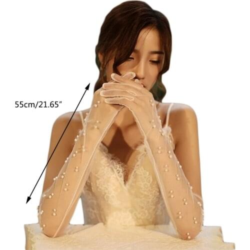 Wedding Gloves Ivory White Bridal Gloves with Pearls Long Sheer Tulle Arm Covers for Brides Full Finger Gloves AXYD