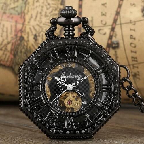 Unique Octagon Shaped Mechanical Hand Winding Pocket Watch Roman Number Hollow Clock Steampunk Fob Watch Chain reloj de bolsillo