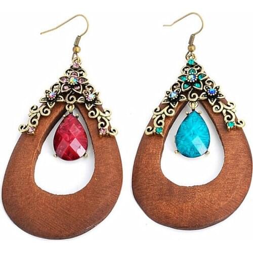 Korean drop diamante Ethnic Vintage carve flower patterns wooden wood drop earrings women pendientes brinco
