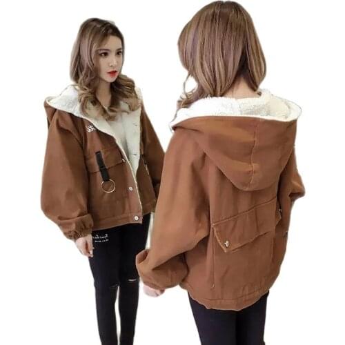 Plush Thick Denim Cotton Jacket Women Winter 2021 New Korean Version Of Short Lamb Wool Cotton Coat Commuter Button Embroidery D