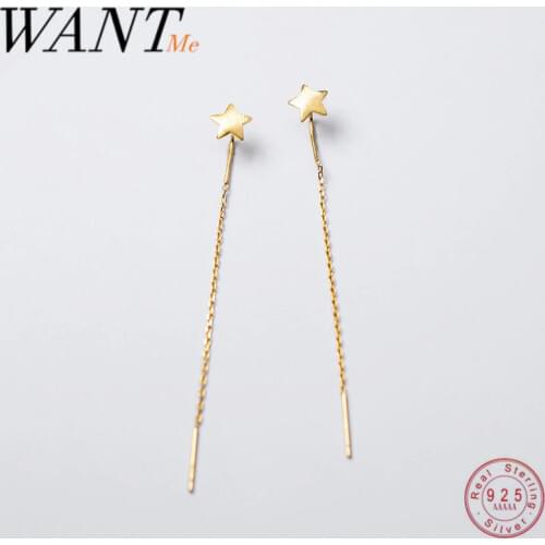 WANTME Real 925 Sterling Silver Long Ear Line Golden Sweet Star Chain Drop Earrings for Fashion Women Party Jewelry Accessories