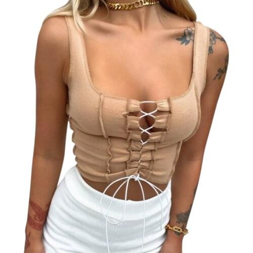 Womens Fashion Solid Color Vest Sexy Square Collar Bandage Hollow Exposed Navel Sleeveless Tops Summer 2021