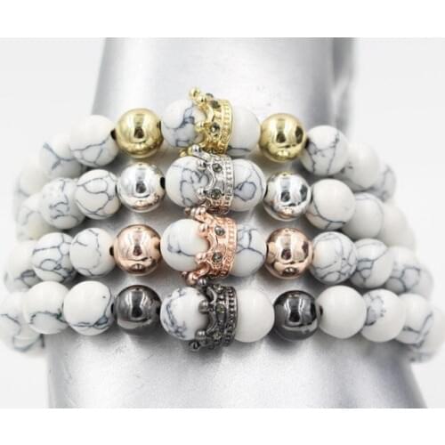 8mm jtj4 gold silver micro pave cz zircon cubic zirconia Bracelet adjusted nature stone bead Crown white Howlite Bangles