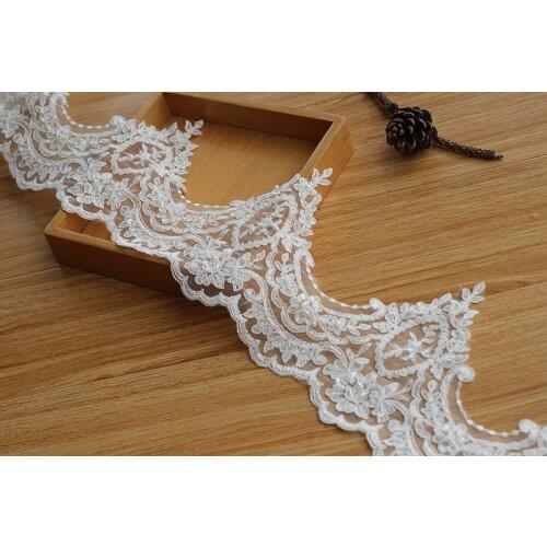 Ivory Alencon Lace Trim High Quality Hand Made Beaded Sequined Wedding Lace Trim Embroidered Retro Lace Bridal 6.3'' Wide 1yard