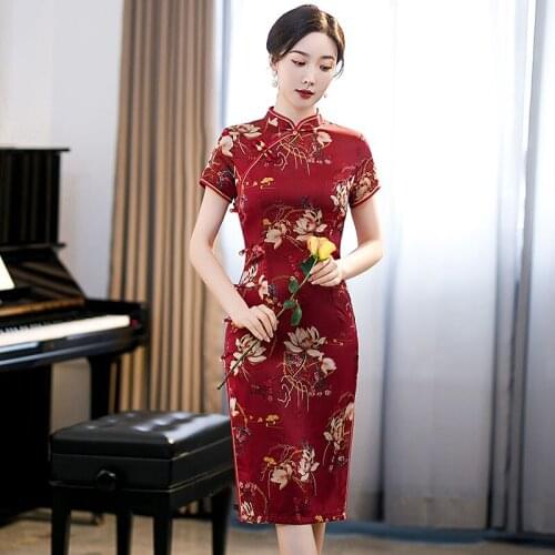 Estidos Satin Print Qipao Slim Elegant Vintage Button Evening Cheongsams Traditional Mandarin Collar Chinese Dress Banquet Gown