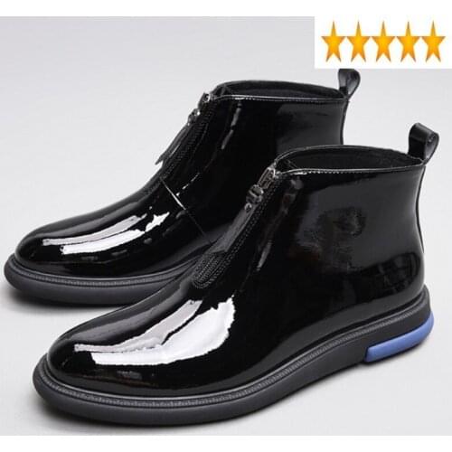 Ankle Men Formal Patent Leather Fashion Quality Zipper Pointed Toe Boots Hombre Casual Platform High Top Shoes
