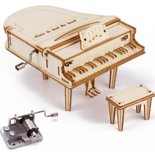 Grand Piano Wood Hand Crank Music Box Office Decoration 3D Wooden Puzzle Game Building Birthday Gift Assemb Kit Mechanical Model