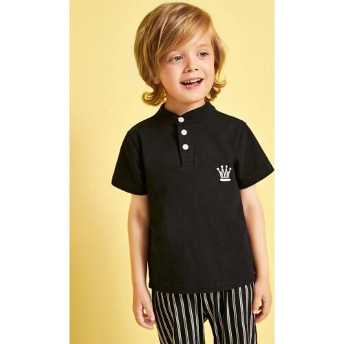 Children Boy T-shirt Summer Baby Pure Cotton Solid Color Top Clothes Cartoon Crown Short-Sleeved Casual Wear