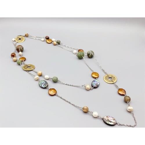 Green Opal Beige Jasper Old Chinese Coins Long Necklace For Women Champagne White Pearls Ablone Earthy Casual Vintage Jewelry