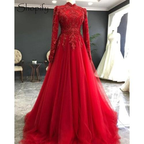 Long Sleeve High Neck Luxury Beaded Embroidery Lace Dubai Arabic Style Muslim Red Long Evening Dress 2021 Formal Gowns