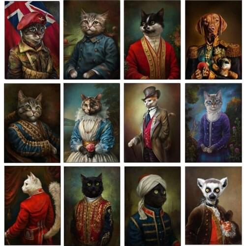Court Cat Retro Poster Canvas Wall Picture Decoration Arab Gentleman Soldier Cat Dog Decorative Painting Vintage Room Decor