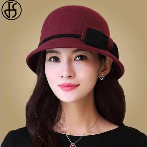 FS Elegant Women Wine Red Felt Bucket Hat Bowknot Wedding Cap Solid Color Black Fedora Women Hat Bowler Caps Vintage Cloche Hat