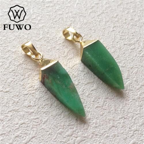 FUWO Wholesale Chrysoprase Point Pendant With 24K Gold Filled Cap High Quality Natural Green Jades Pendants For DIY Making PD201