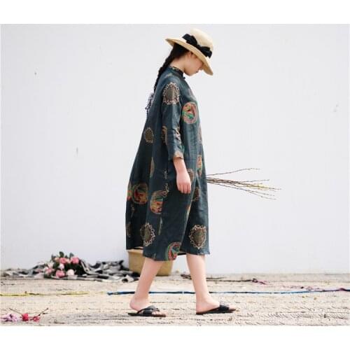 Literature Pure Flax Pankou Printing Improvement Cheongsam Cotton And Linen Dress 190727