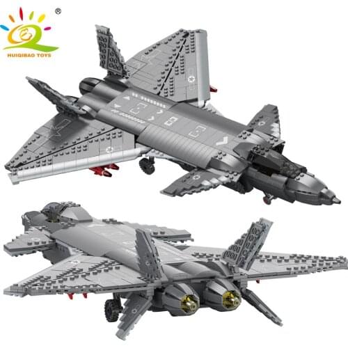 HUIQIBAO 1001pcs Military J20 Fighter Model Building Blocks WW2 Army Soldier Battle Plane Weapon Brick Aircraft Toy For Children