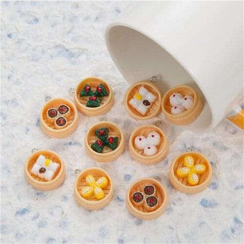 Julie Wang 5PCS Resin Chinese Snacks Charms Mixed Baozi Shaomai Mantou Zongzi Dumpling Artificial Food Jewelry Making Accessory