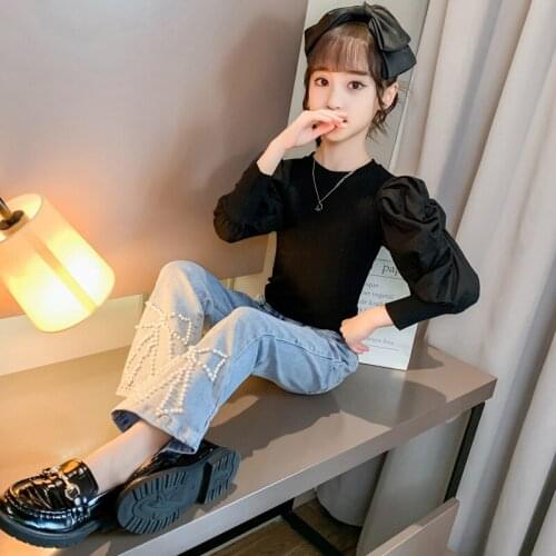 Girls' Set New Childrens Top and Denim Flared Pants Red Two-piece Set Toddler Girl Clothes Girls Clothing Set