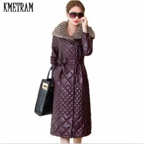 KMETRAM 2020 New Fashion Women Winter Warm Long Sheepskin Faux Leather Fur Jackets With Fur Hooded Jaqueta couro feminina HH292