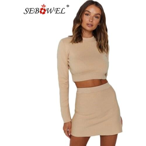 SEBOWEL Fashion Women Sweater Short Skirt Two Piece Set Autumn Long Sleeve Cropped Top + Skirts Outfits Clothes Knitted Suits