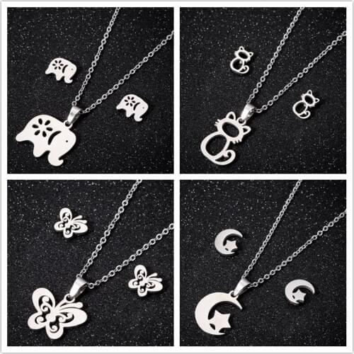 Oly2u 4 Sets/lot Stainless Steel Lovely Cat Classic Moon Star Necklaces Jewelry Sets for Women Bridal Wedding Party