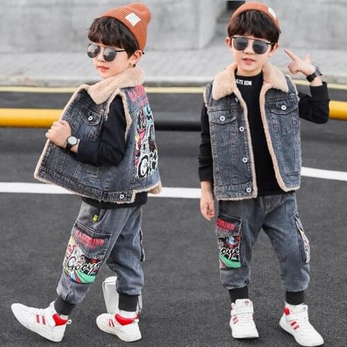 Autumn and Winter Thicken Warm Kids Boys Two Piece Sets Plus Velvet Denim Vests+Printed Jeans Children Boys Outfits 4-13T
