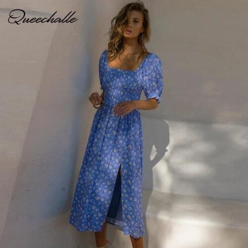 Vintage Floral Print Dress 2021 Summer Women Pluff Sleeve Pleated Dress Square Collar Sexy Split Boho Dress Vestidos de fiesta