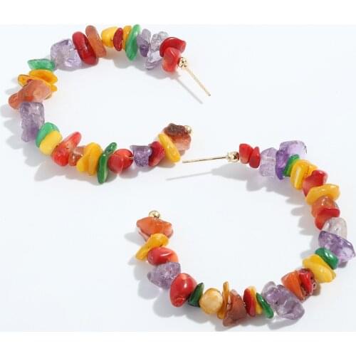 New Trendy Bohemia Colorful Stones C Shape Gold Earring for Women Girls Boho Handmade Stone Stud Earrings Jewelry Gifts