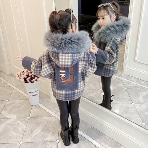 Girls Woolen Jacket Fall Winter Childrens Short Hooded Wool Coat Foreign Trade Kids Plaid Multicolored Outerwear Clothes B379