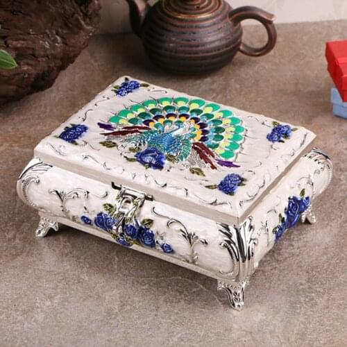 Size L Vintage Jewelry Box Peacock Pattern Carved Home Decor Ornaments Fashion Metal Art Craft Necklace Pendant Ring Storage Box