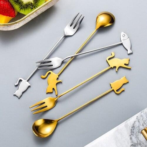 Creative Fish Cat Coffee Stirring Spoon Fork Stainless Steel Polished Fruit Fork Dessert Tea Spoon Bar Accessories Spoon Set