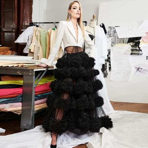 Black Fashion High Street Women Skirt See Thru Tulle Ruffle Layered Anke Length A-Line Skirt Shoot Photo Custom Made